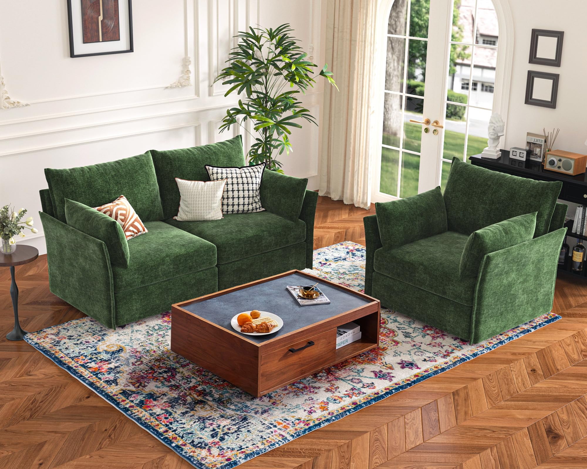 CDCASA Modern Loveseat Sofa, 2 Seater Chenille Sectional Sofa Couch with Deep Seat, Upholstered Couches for Living Room, Green