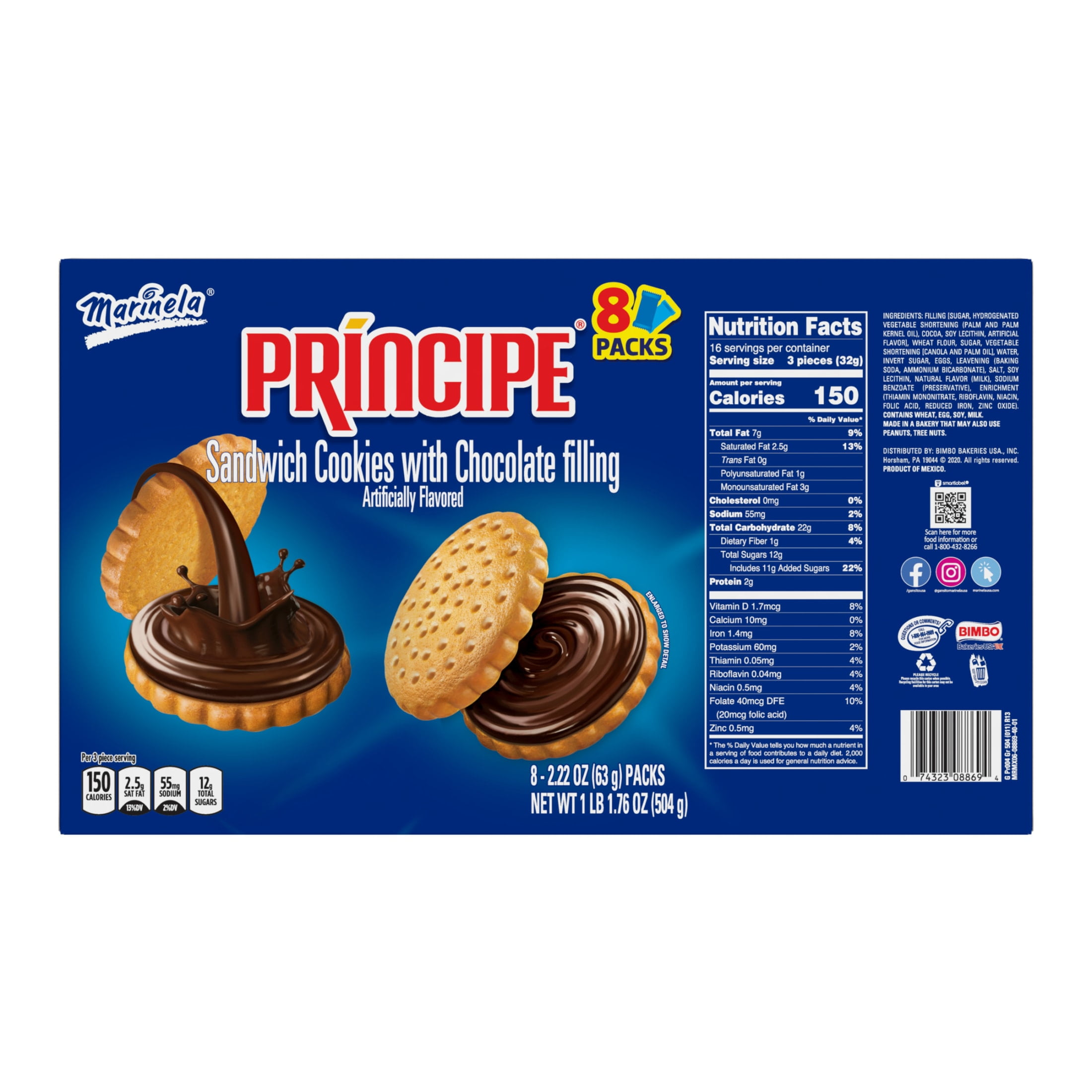 Marinela Principe Chocolate Filled Sandwich Cookies, Artificially Flavored, 8 count, 17.76 oz (Pack of 2)