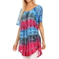 thumbnail image 3 of Sakkas Monet Long Tall Tie Dye Ombre Embroidered Cap Sleeve Blouse Shirt Top - Blue / Pink - One Size, 3 of 5