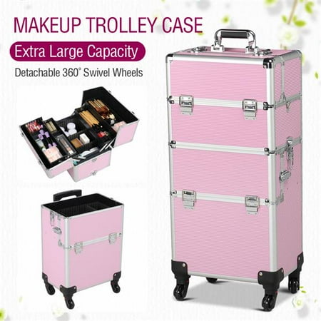 Yaheetech Aluminum 4 Removable Rolling Wheels Makeup Case Salon Cosmetic Organizer Trolley Train Case Makeup Case