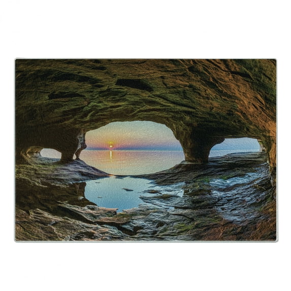 Natural Cave Cutting Board, Horizon View from Mossy Invisible Big Grotto by the Sea up Rocks Photo, Decorative Tempered Glass Cutting and Serving Board, Small Size, Green Blue, by Ambesonne
