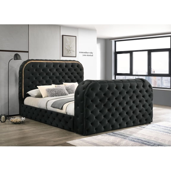 Acme Kana Eastern King Bed w/LED, Fireplace & TV Cabinet Black Upholstery Velvet