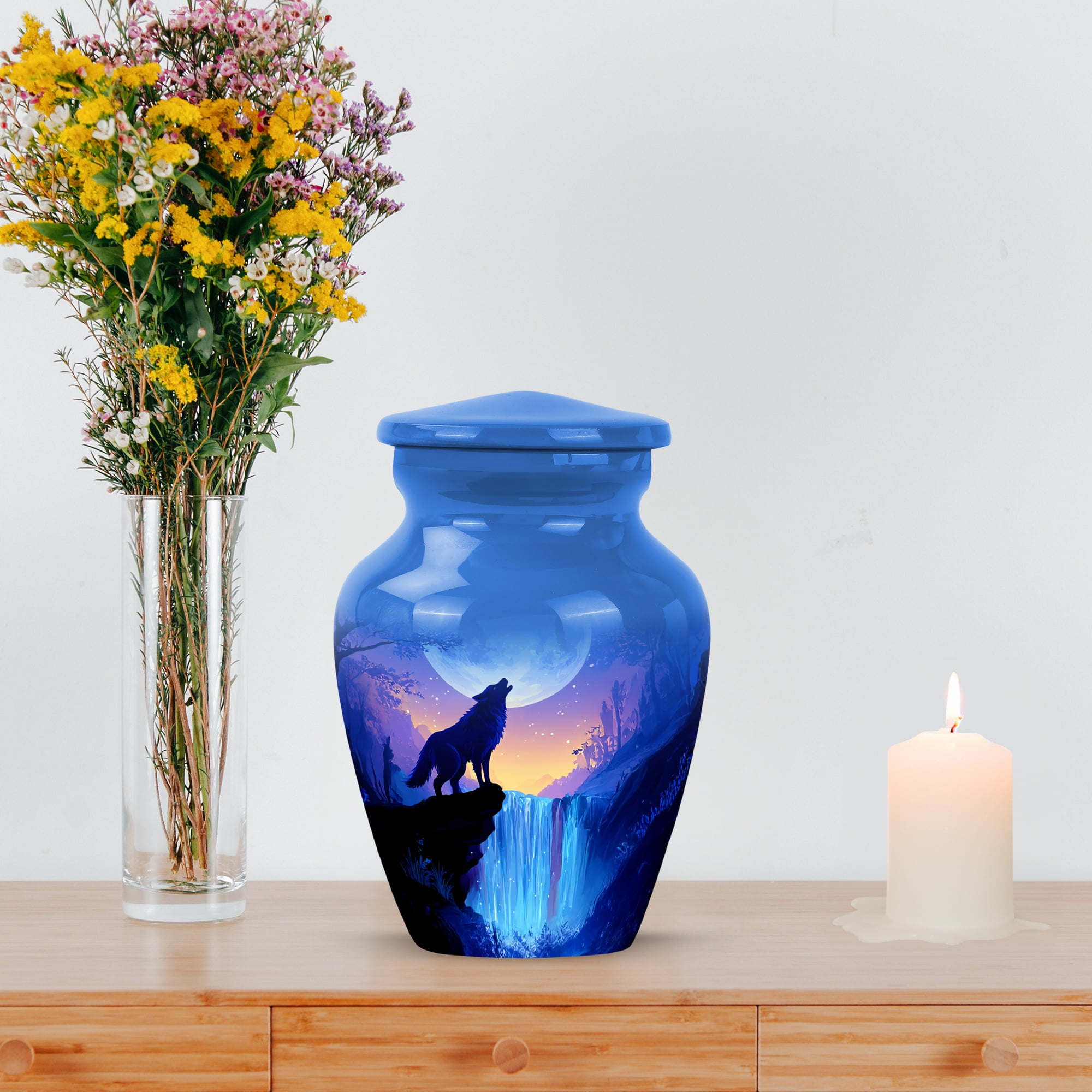MUKTIVE Waterfall Keepsake Burial Urns for Human Ashes Adult Man, Mini Aqua Blue Burial Urns for Human Ashes Adult Female, Tiny Wolf Urn, Mini Moon Portable Urn for Travel, 3 Inch