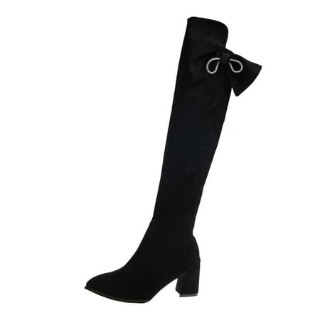 

GNEIKDEING Ladies Suede Rhinestone Bow Side Zipper Pointed Toe Chunky High Heel Over Knee Boots Gift on Clearance