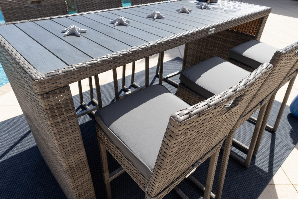 Sorrento 7-Piece Resin Wicker Outdoor Patio Furniture Bar Set in Gray W/Bar Table and Six Bar Chairs (Flat-Weave Gray Wicker, Sunbrella Canvas Aruba) - image 2 of 5