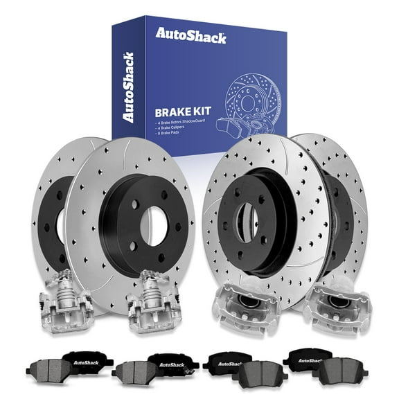 AutoShack Front Vented & Rear Solid Drilled & Slotted E-Coated Brake Rotors   Premium Ceramic Pads   Calipers 16-PC Brake Kit Replacement for 2006-2008 Pontiac G6 ShadowGuard