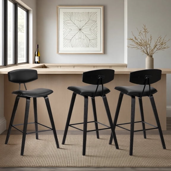 Fox 28.5" Bar Height Black Faux Leather and Black Wood Mid-Century Modern Bar Stool - Set of 3