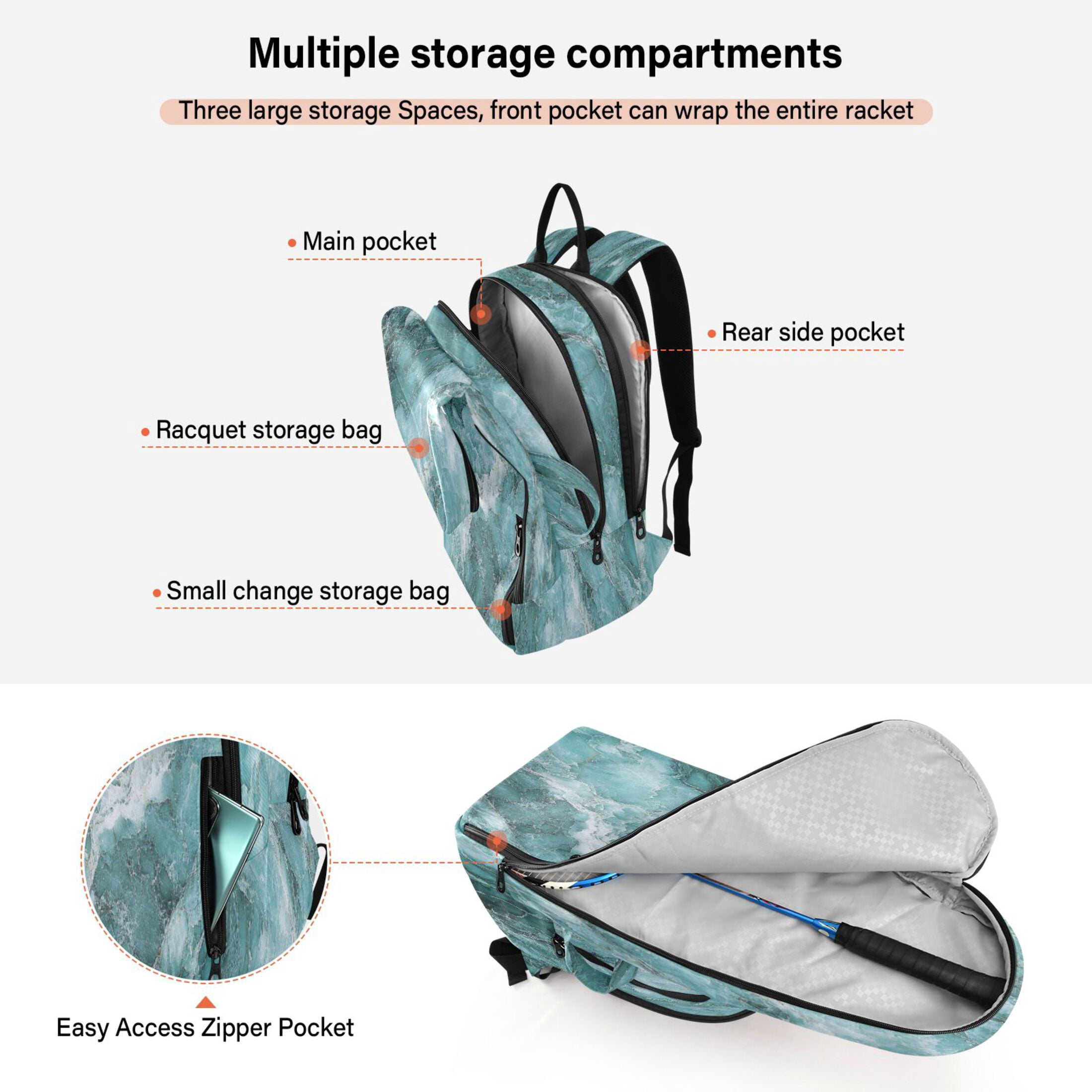 2 Racquet Holder Tennis Backpack Tennis Racket Covers Gym Bags Blue Green Marble Grain