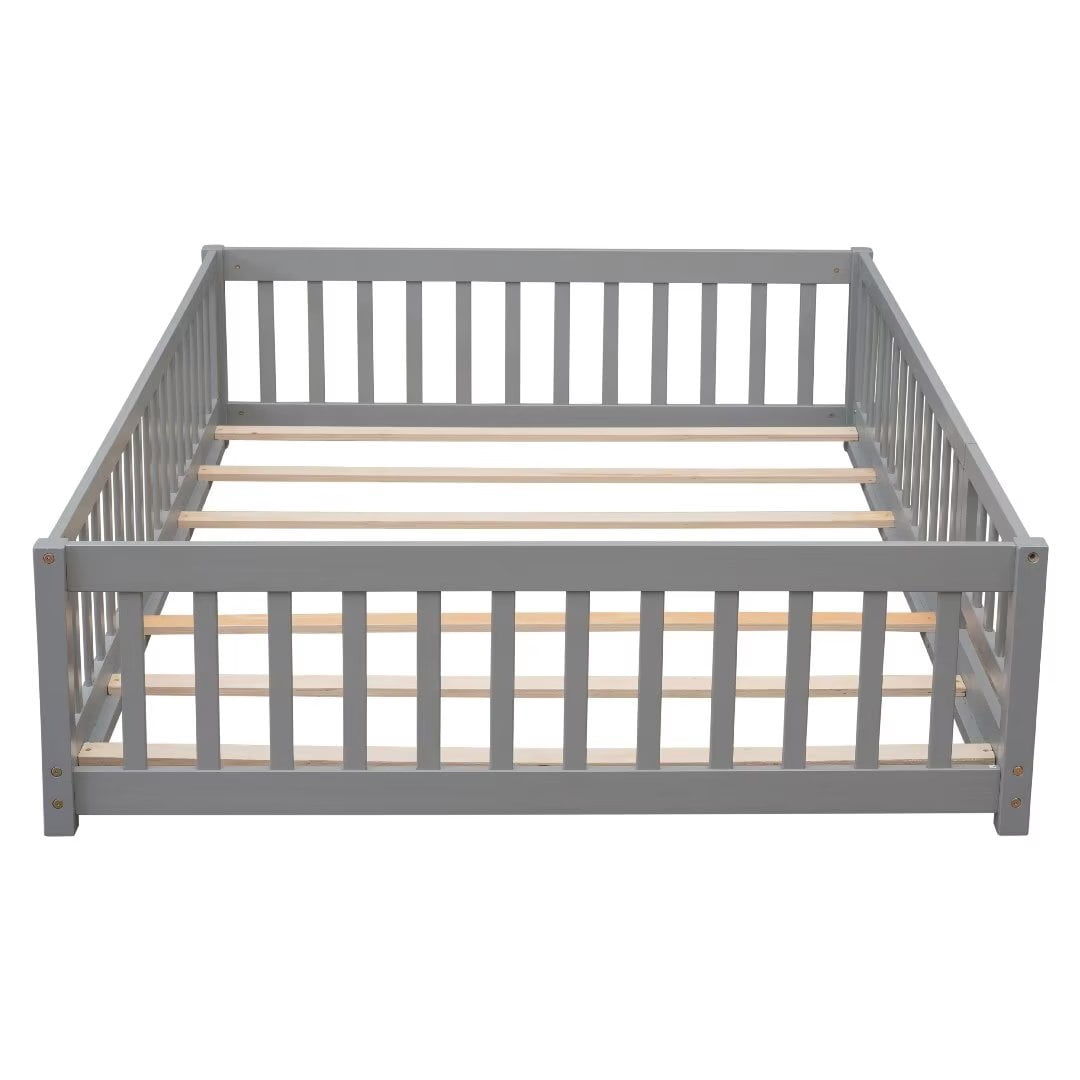 Full Size Floor Platform Bed with Fence and Small Door, Wooden Bed Frame with Wood Slat Support, Mattress Base, Safety Bed Frame for Boys Girls Bedroom, No Box Spring Needed, Easy Assembly, Grey