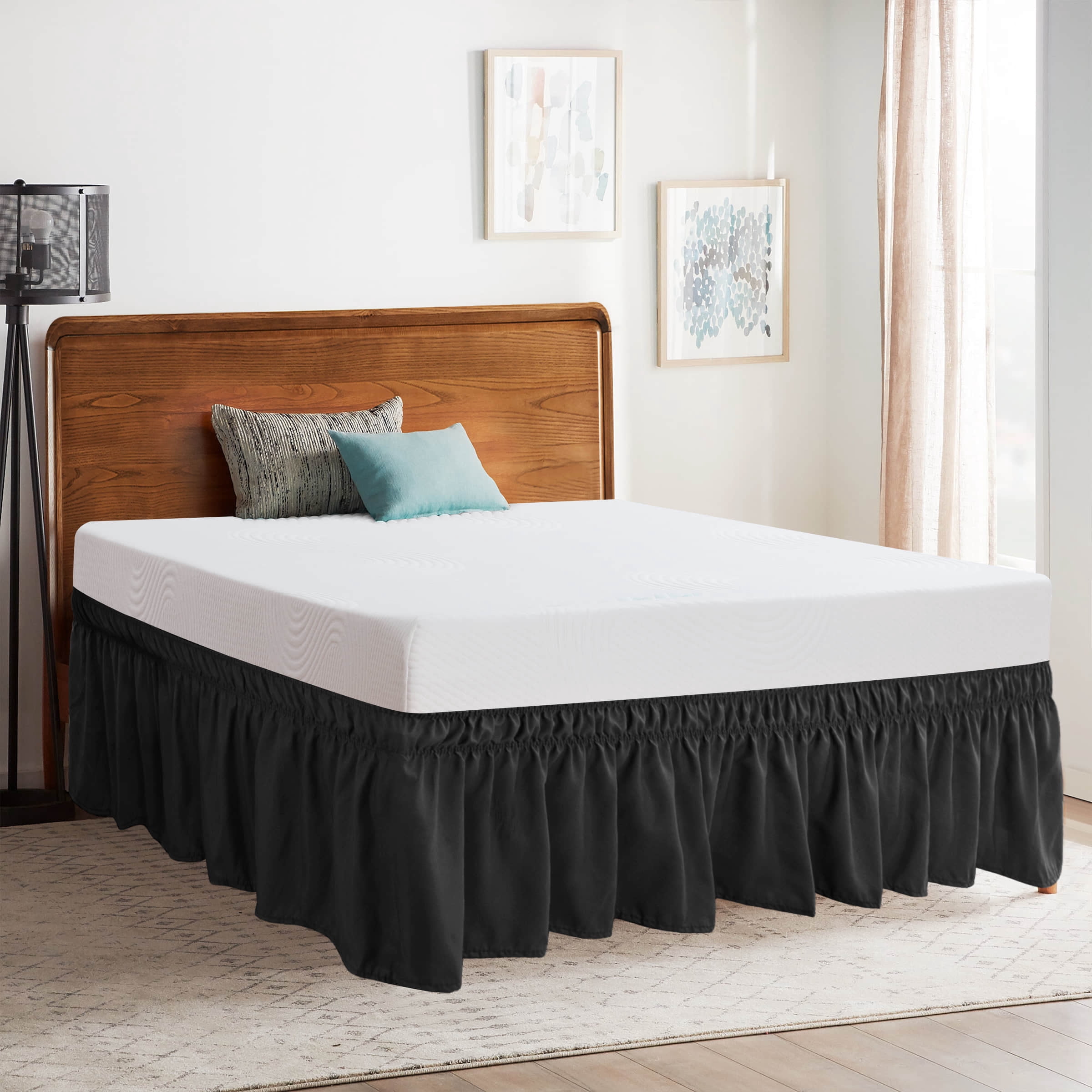 Subrtex Bed Skirt Wrap-Around Dust Ruffle Elastic 16 Inch Bed Cover, King, Black
