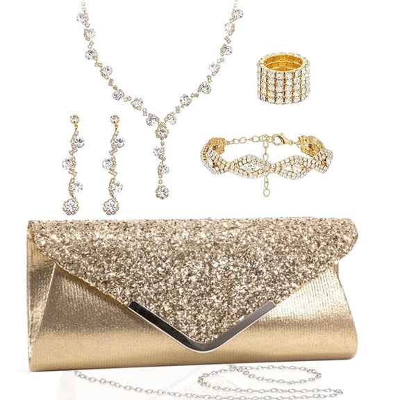 5 Pcs Purse Rhinestone Jewelry Set for Women Jewelry Rhinestone Clutch Purse Bride Necklace Earrings Bracelets Ring