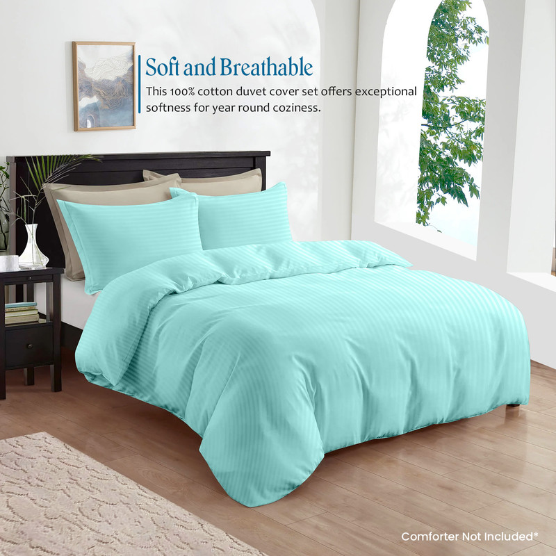 500 TC 100% Egyptian Cotton Premium Duvet Cover Zipper Closur Ultra Soft Durable and Fade Resistant Color Aqua Blue Stripe size King