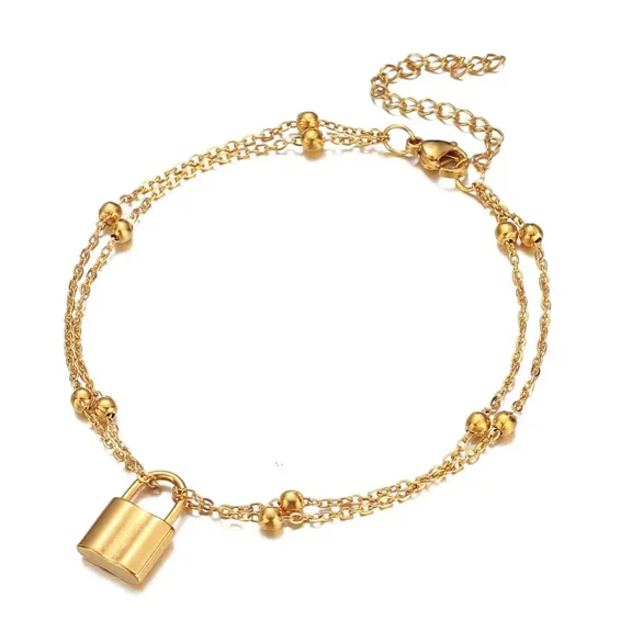 Women's Anklets Bracelet On The Leg Jewelry Ladies 14K Yellow Gold Chain With Lock Pendant Ankle Bracelets for Women