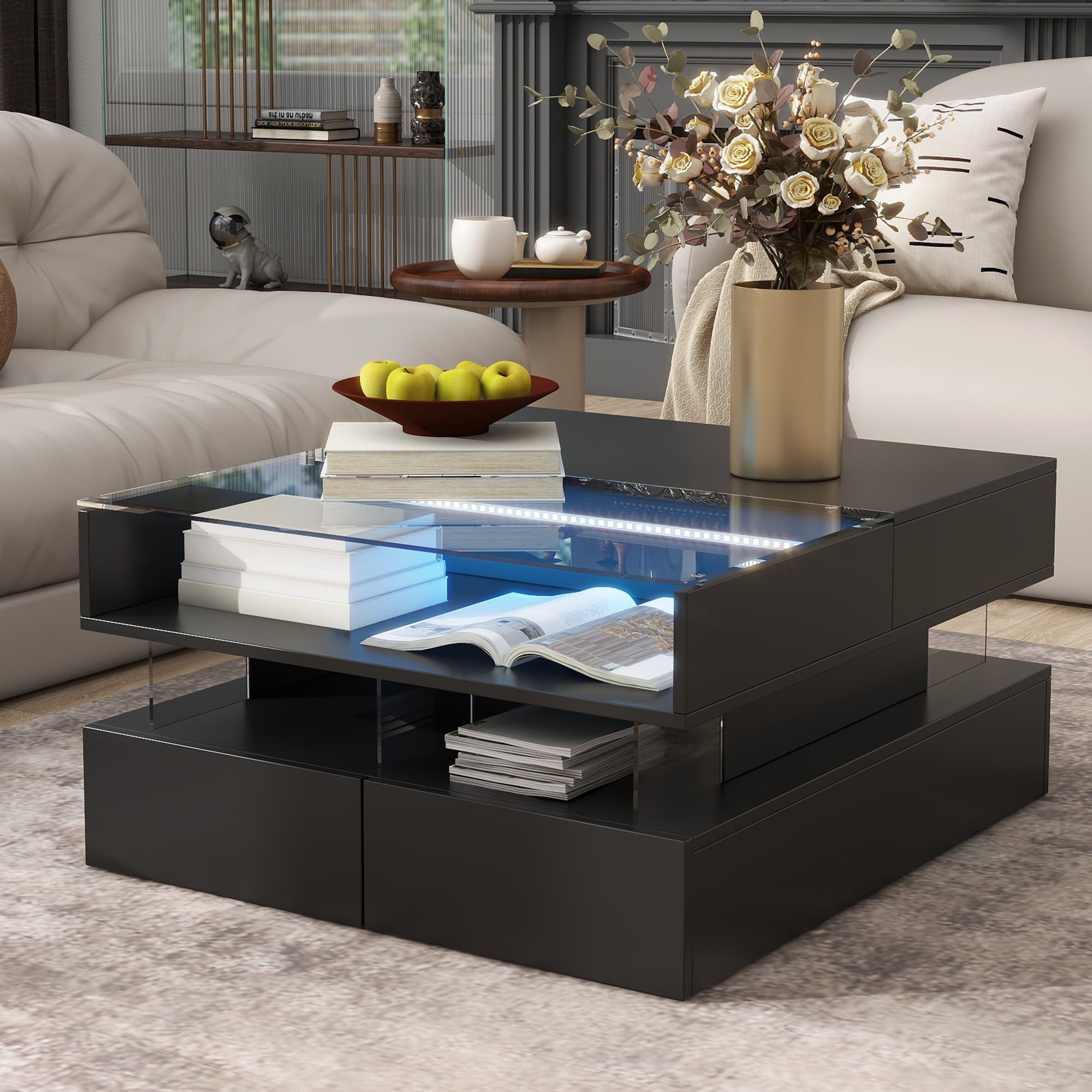Euroco Modern Lift-Top Glass Coffee Table with LED Lights and Hidden Storage