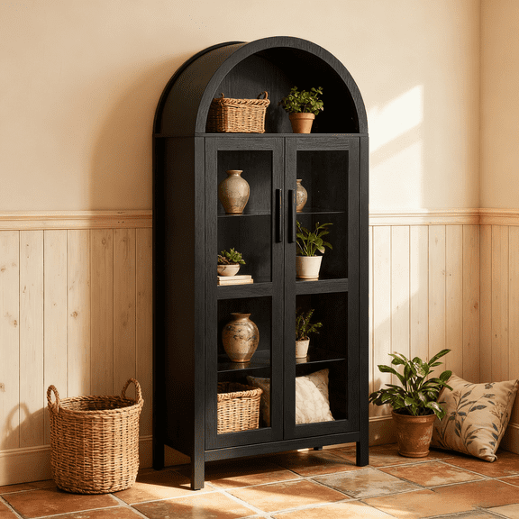 SESSLIFE 67" Arched Storage Cabinet with Light, Modern Wooden Cabinet with Adjustable Shelves, Multi-Functional Tall Kitchen Cabinet for Living Room, Black Freestanding Storage