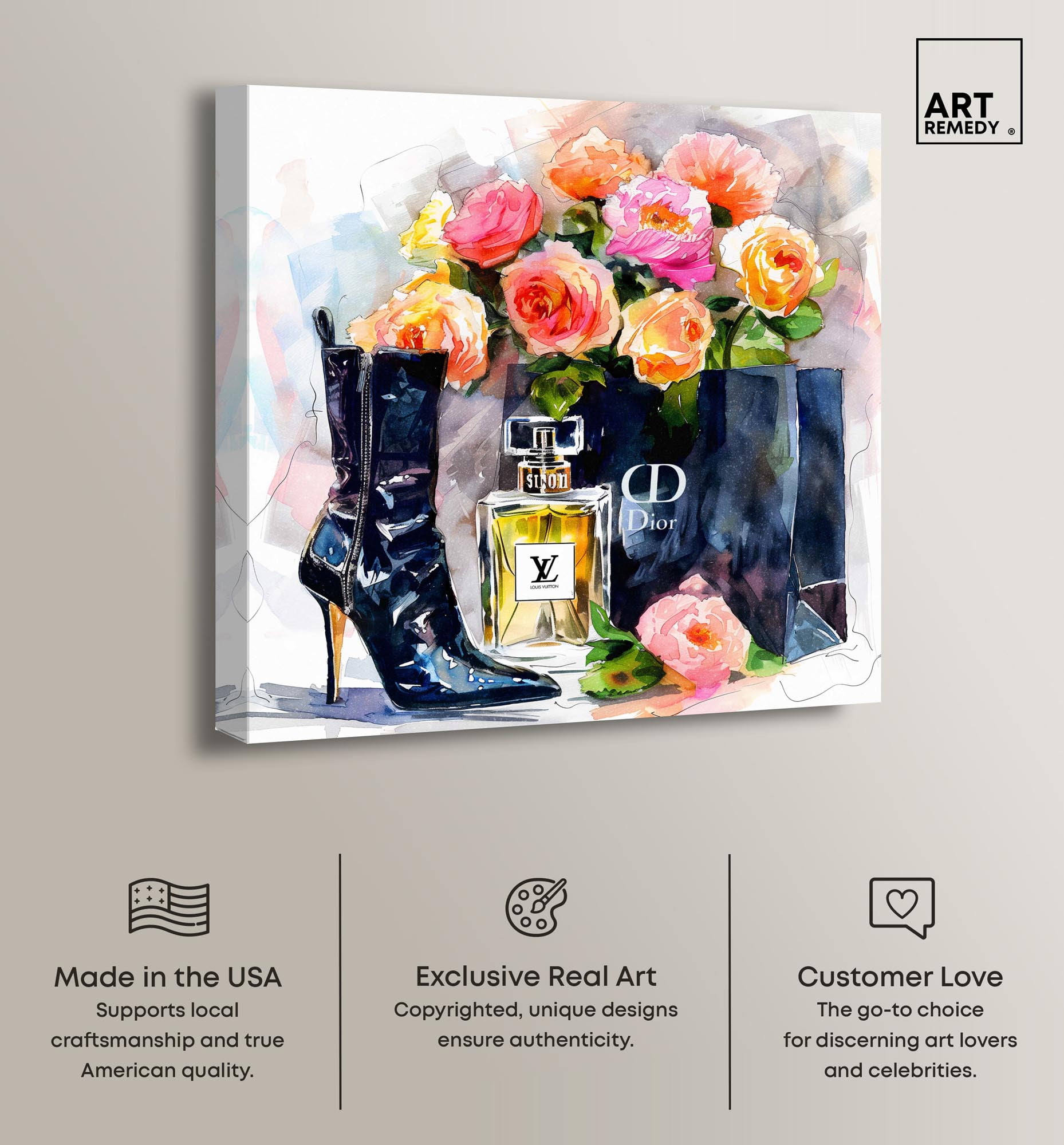 Boot with Perfume and Shopping Bag Canvas Fashion Art Prints by Art Remedy, Gallery Wrapped, 16" x 16"