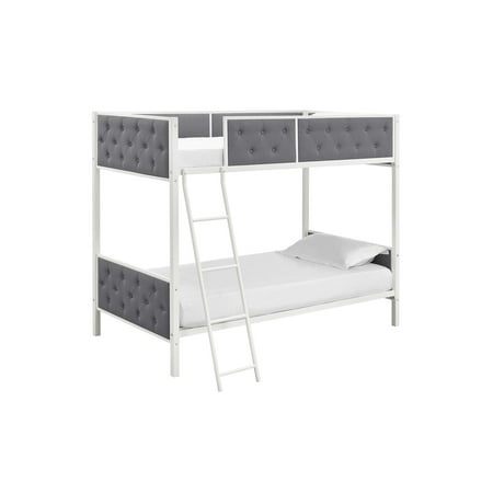 Chesterfield Upholstered Bunk Bed, White Metal with Grey Linen