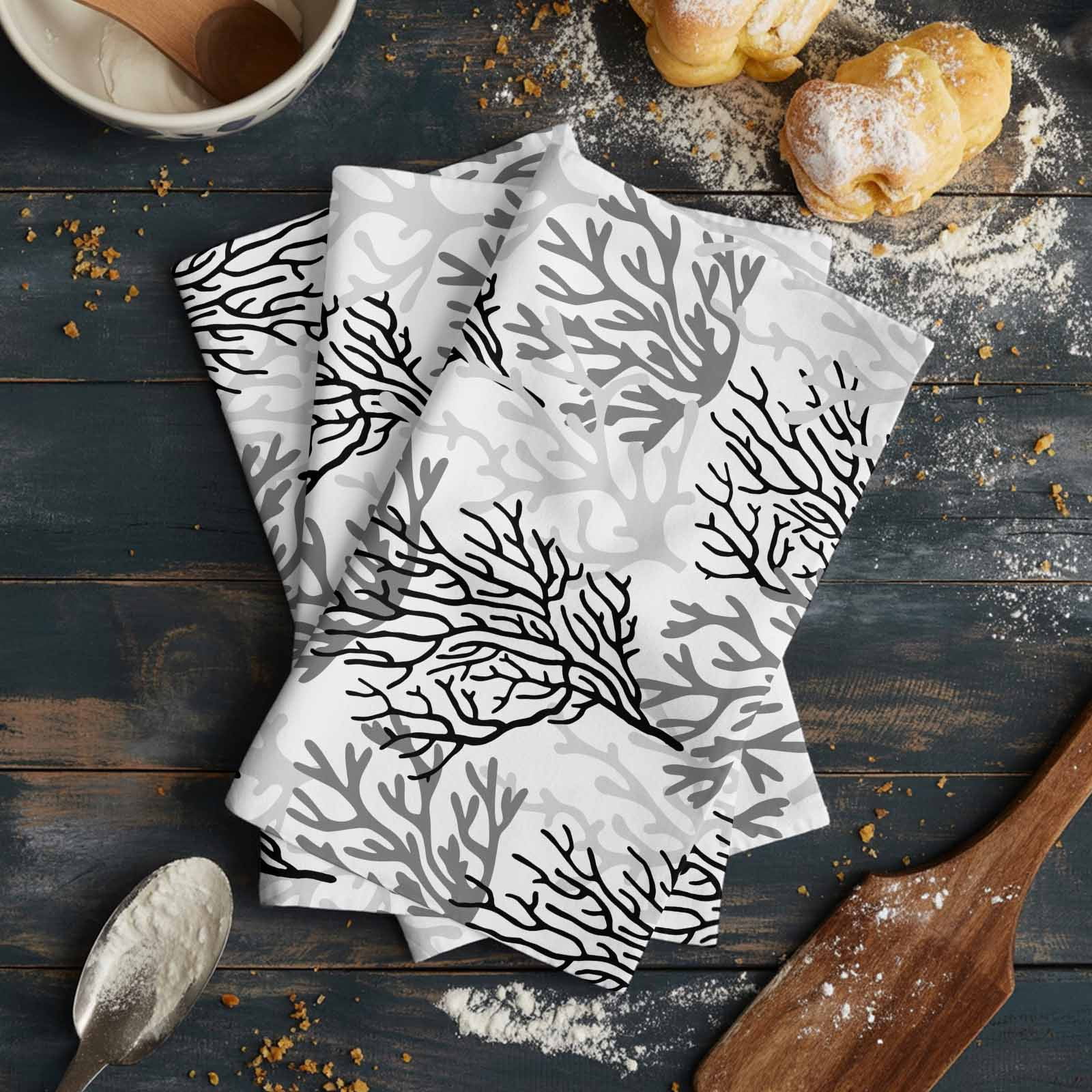 Black Gray Coral Coastal Kitchen Towels Set of 3, Water Absorbent Dish Towel, Summer Beach Seaside Nautical Decorative Hand Towels - Quick Drying Cloth for Cooking Baking, 18x28 Inch