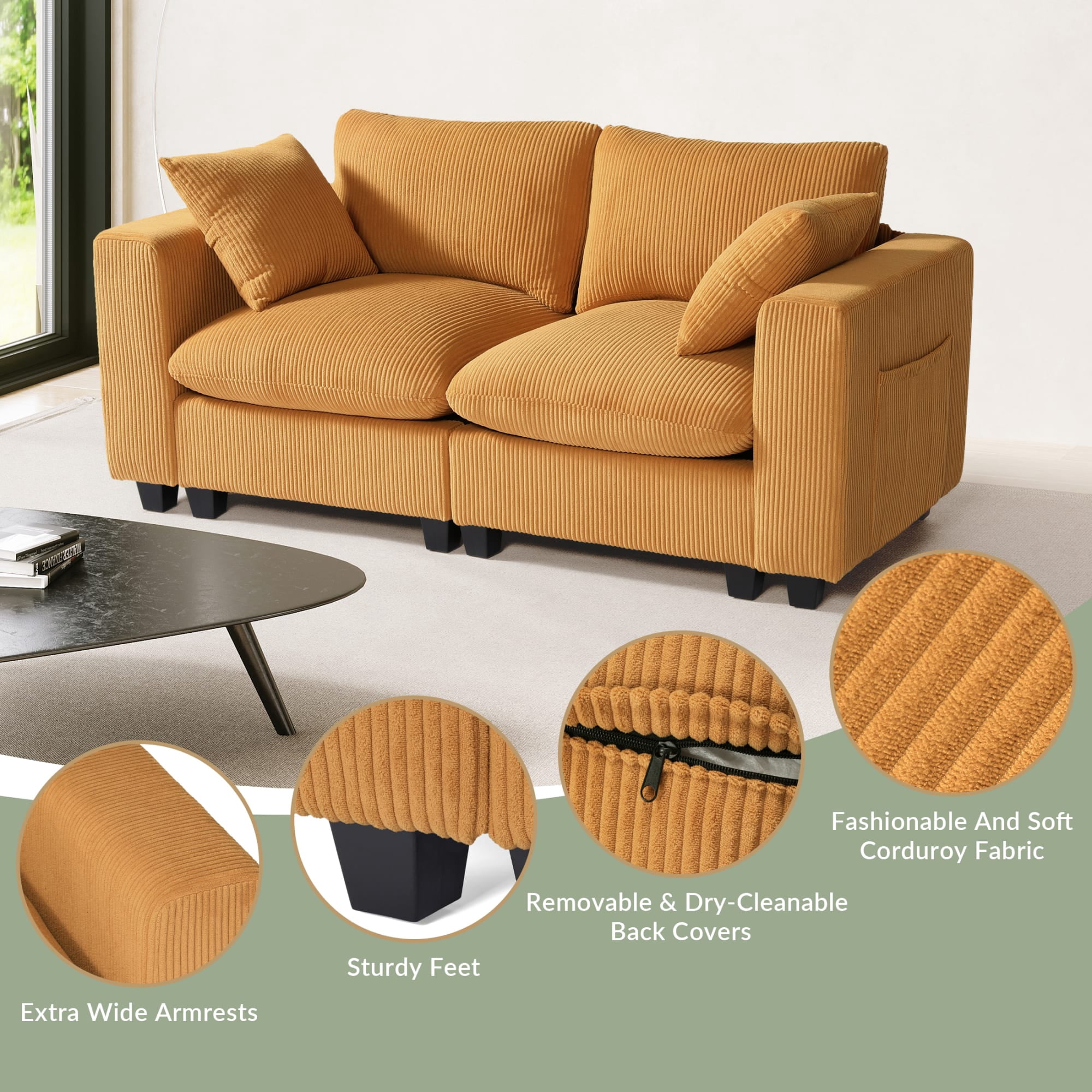 WestinTrends Hearthside 70" Modular Corduroy Loveseat Sofa With USB/Type-C Ports and Side Pockets, Mustard