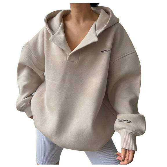 Lovskoo 2024 Sweatshirt for Women V Neck Solid Color Loose Long-Sleeved Top Winter Casual Fleece Lined Hoodie Beige