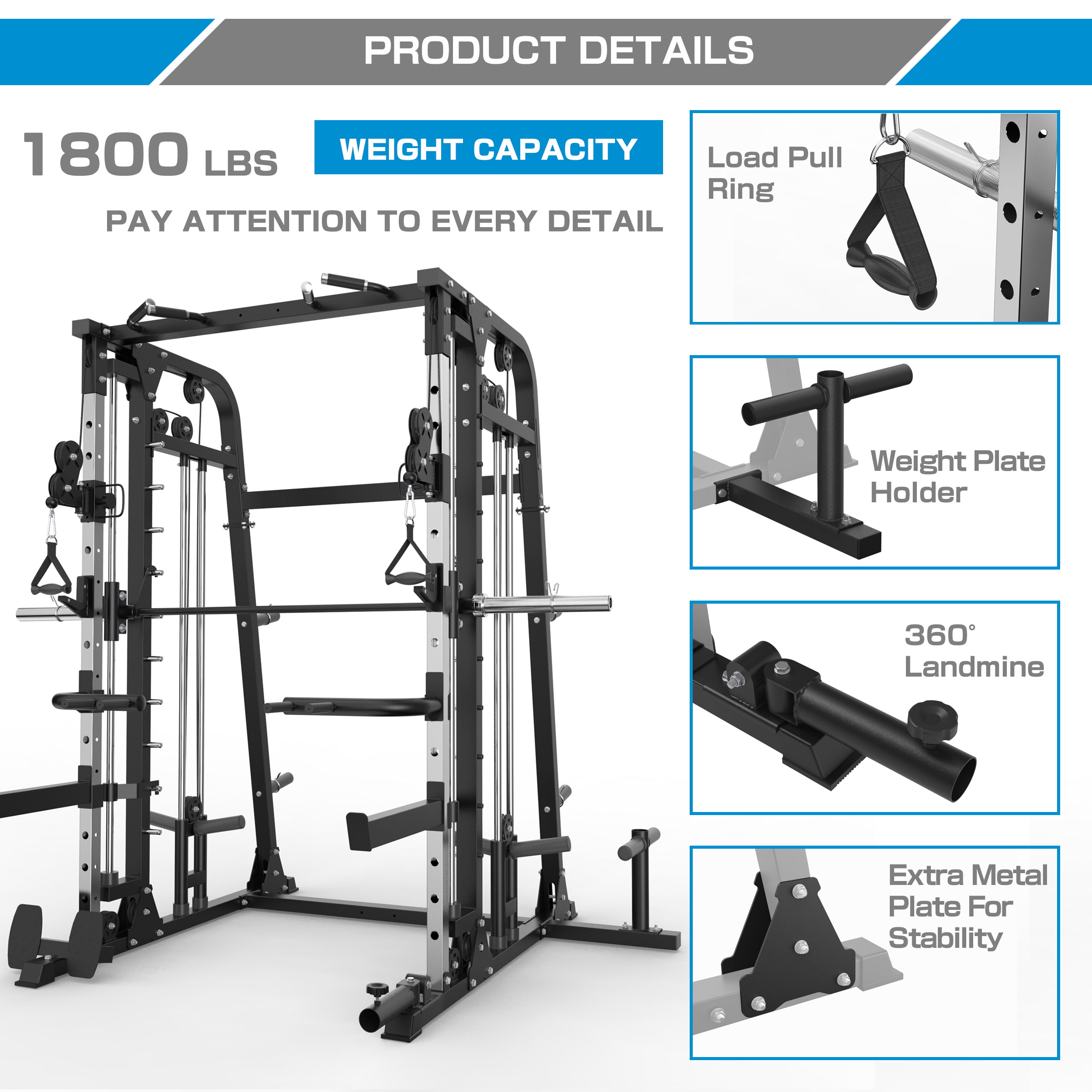 MAJOR LUTIE Smith Machine,Power Cage with Weight Bar and Landmine Commercial Home Gym Multifunctional Rack 2022 Upgrade 