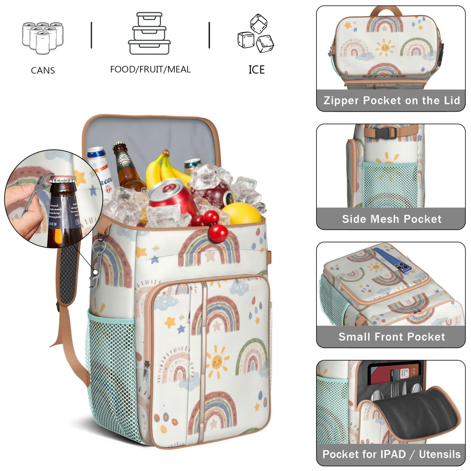 Insulated Cooler Backpack,Insulated Backpack Insulated Leak Proof Travel Cooler Bag Waterproof Lunch Picnic Beach Work Trip Thermal Bag Drink Beverage Beer Bag Cooler Rainbow Cartoon