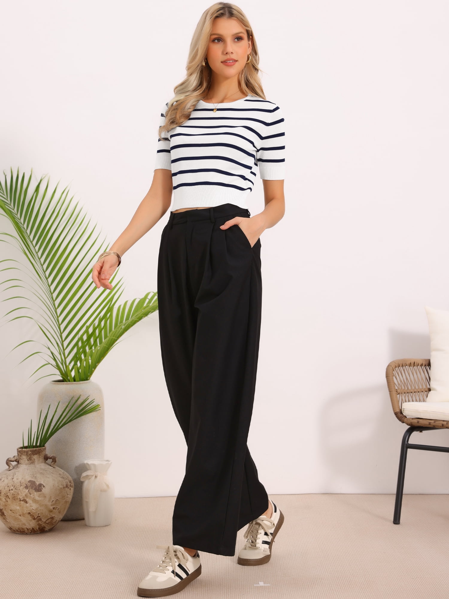 DARING DIVA Women's Short Sleeve Striped Crew Neck T Shirts S Navy Striped