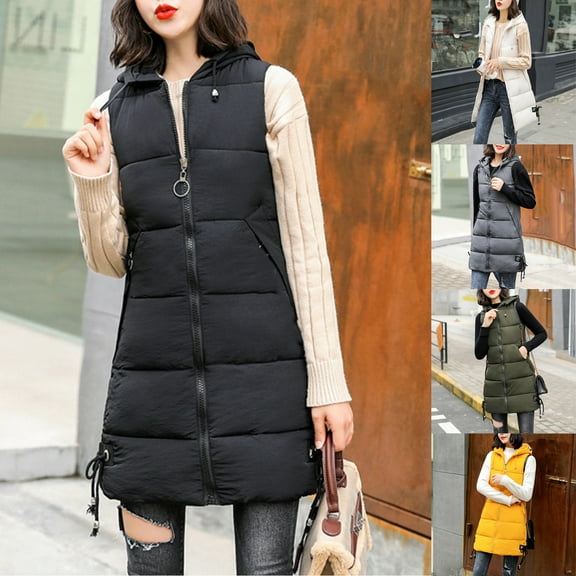 Womens Puffer Vest Casual Long Stand Collar Sleeveless Puffy Coat with Pockets(Black XL)