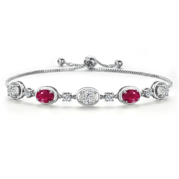 Gem Stone King 925 Sterling Silver White Lab Grown Diamond and Red Ruby Bracelet for Women | 4.10 Cttw | Gemstone April Birthstone | Oval 7X5MM | Fully Adjustable 9 inch