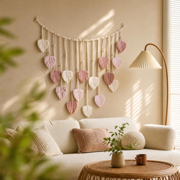 Boho Macrame Wall Hanging with Leaf Tassel & Cotton Rope, Large Tapestry Wall Hanging for Bedroom Nursery Living Room Home Wall Decor, 47.3×29.5 Inch