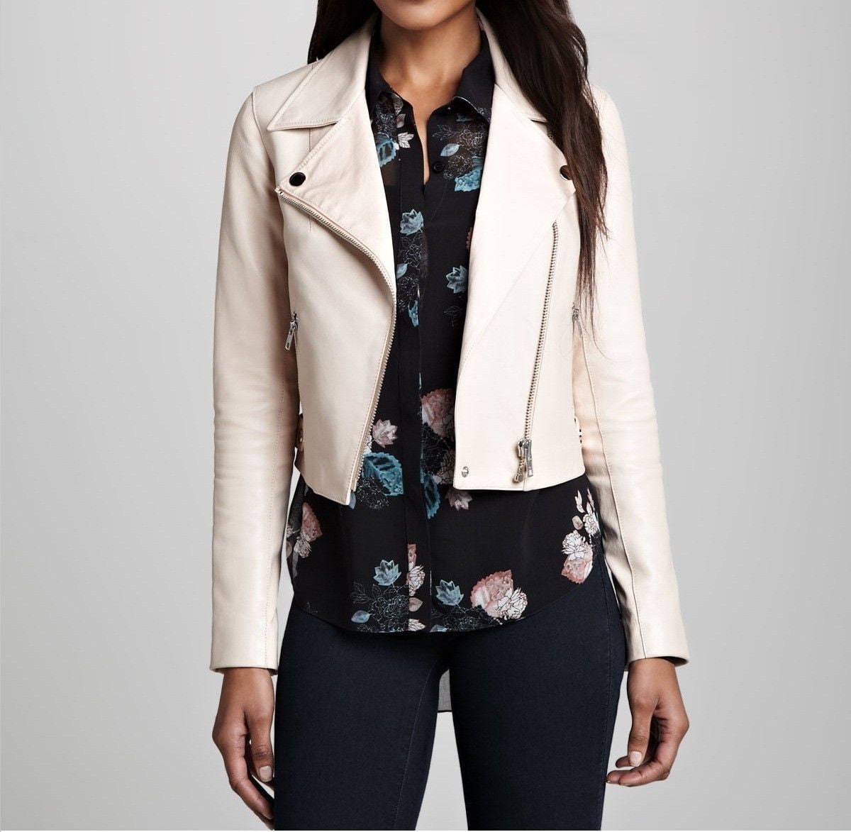 Noora Women’s Light Cream Color Leather Jacket Moto Biker Outwear Slim