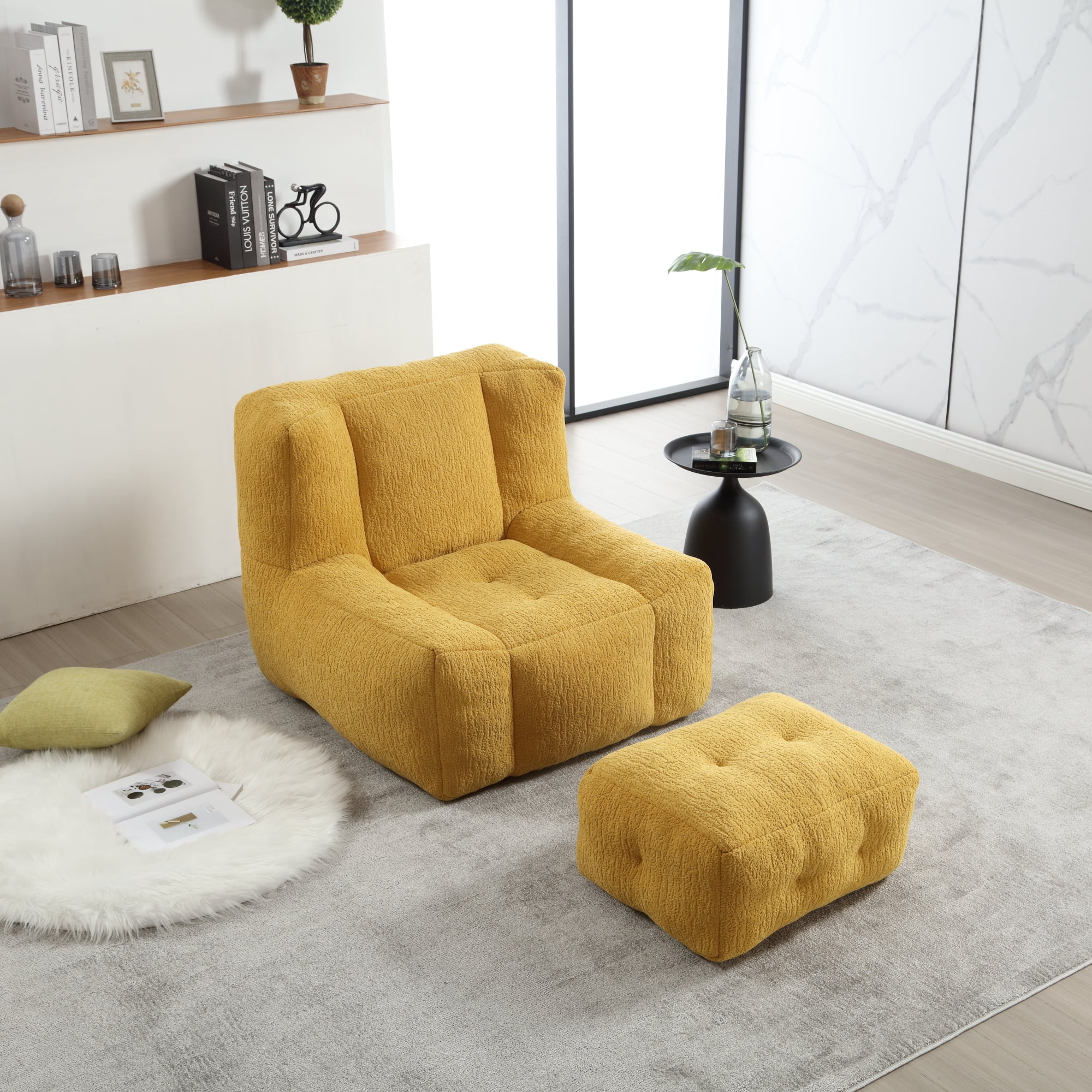 Accent Chair with Ottoman Set,Modern Velvet Bean Bag Chair for Adults and Childs,Upholstered Lazy Sofa Chair Armchair for Living room, Bedroom, Apartment,Yellow