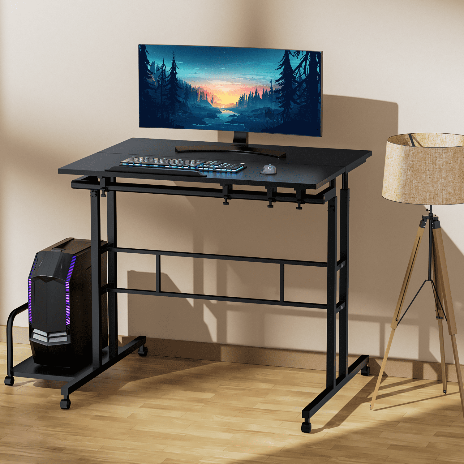 Magshion Complete Computer Workstation Desk, Rolling Laptop Table with Monitor Shelf & Host Rack for Home, Black