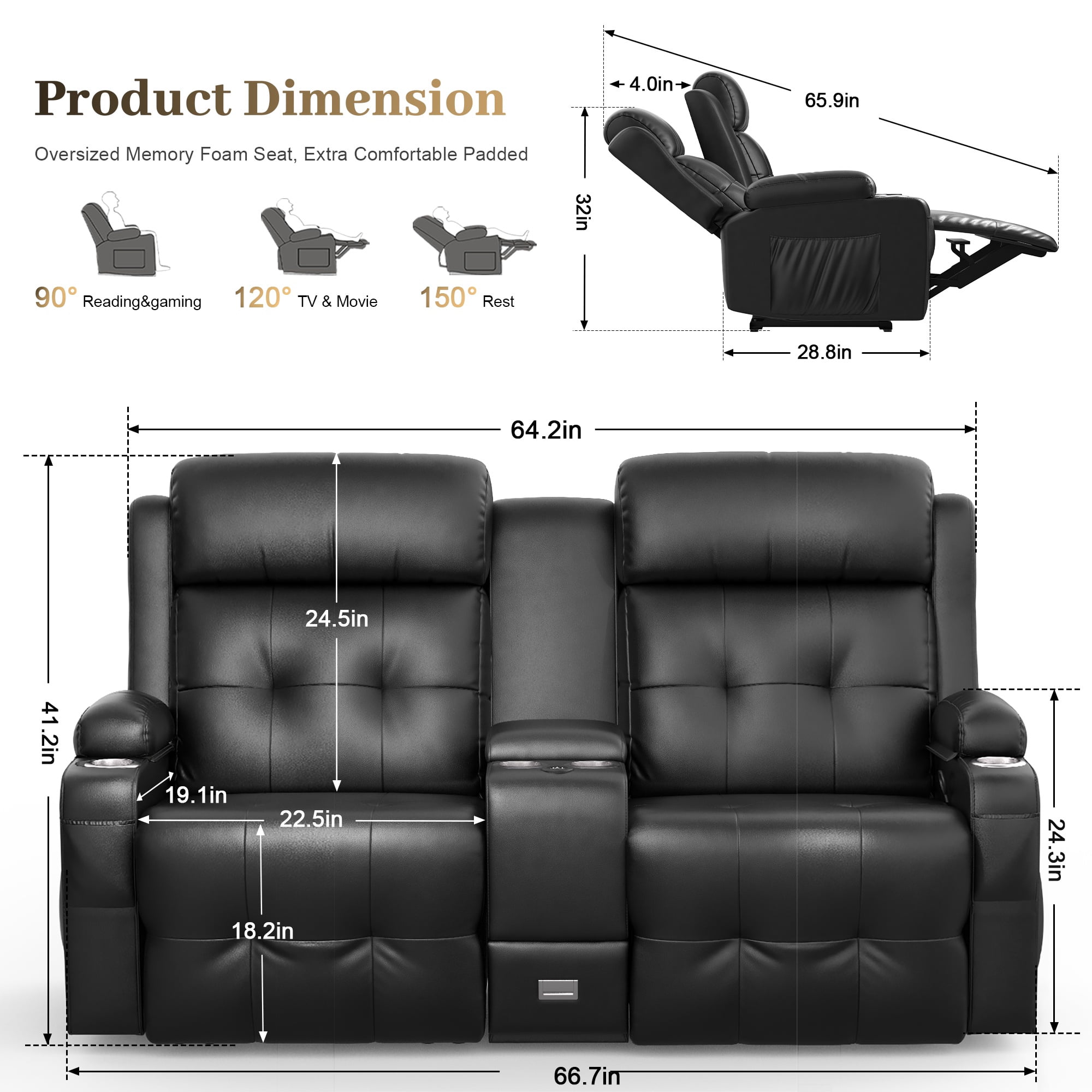 LOBERFVE Loveseat, 2 Seater Manual Recliner with Cup Holders, USB and Type-C Port, Faux Leather Recliner Chair with Massage Function for Living Room Furniture, Black