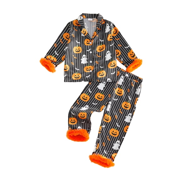 RUINIXCW Toddler Baby Girl Halloween Silk Stain Pajamas Set Kids Little Girl Fall Winter PJS Set Sleepwear Pumpkin Bat Fuzzy Trim Long Sleeve Button Down Shirt and Pants Set Loungewear Homewear