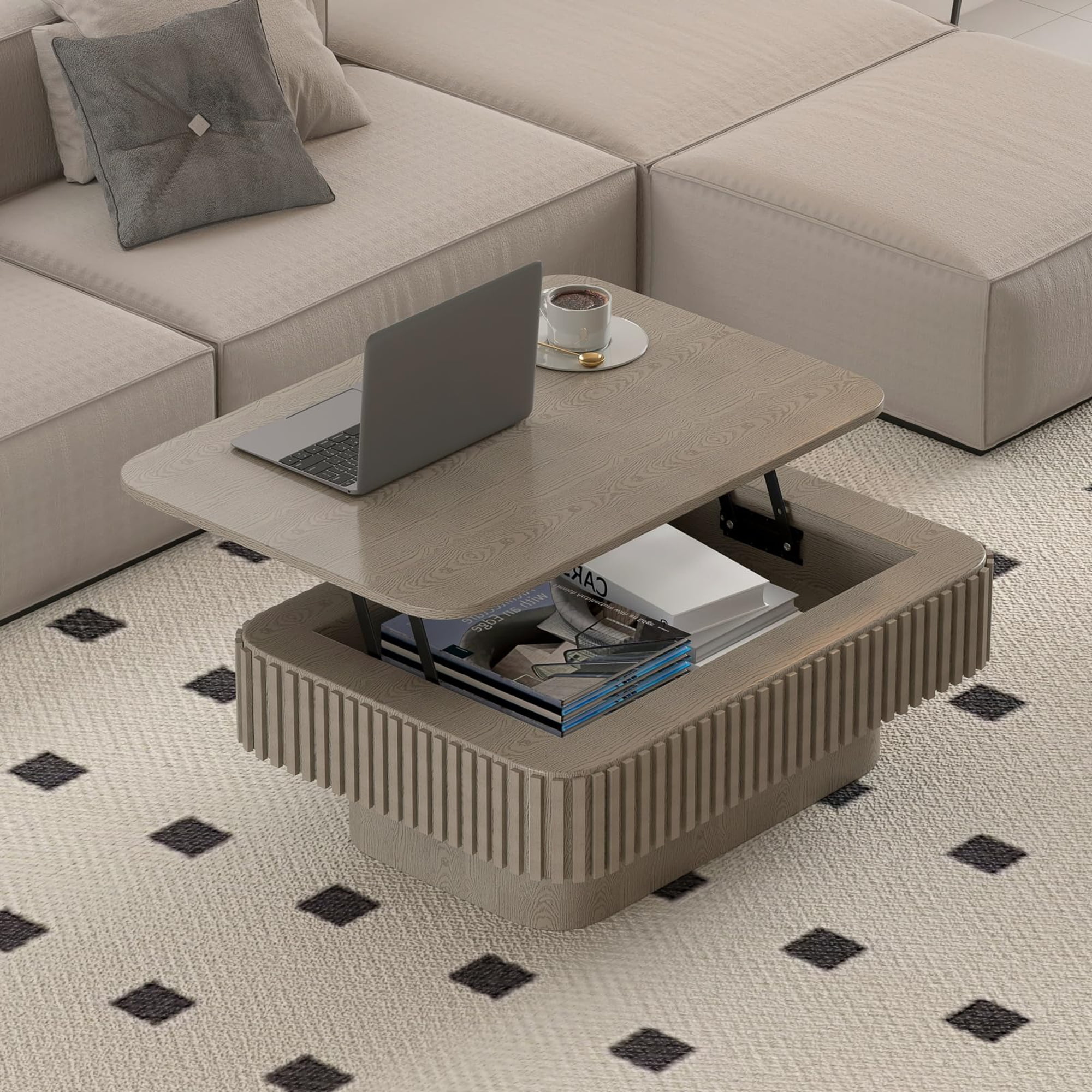 BFJDM 38.6" Gray Lift Top Coffee Table, Fluted Hidden Storage Modern Coffee Table for Living Room