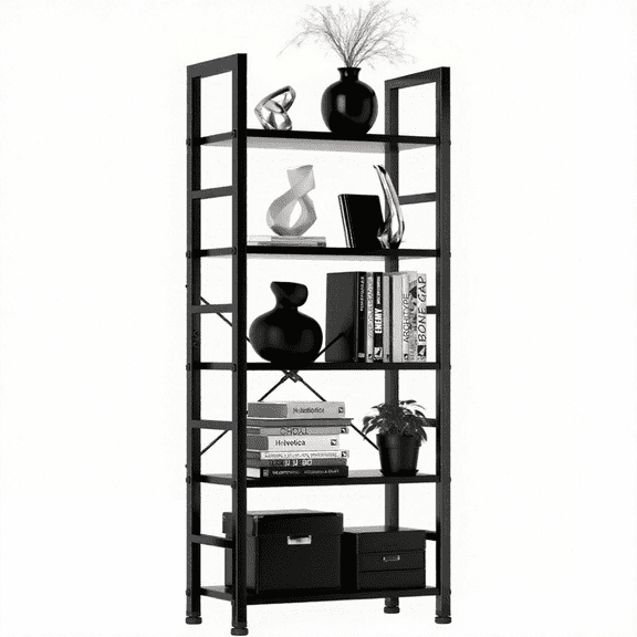 5-Tier Bookshelf with Metal Frame - Storage Shelf Organizer for Office, Room, Kitchen, Space Saving Solution, Modern Black