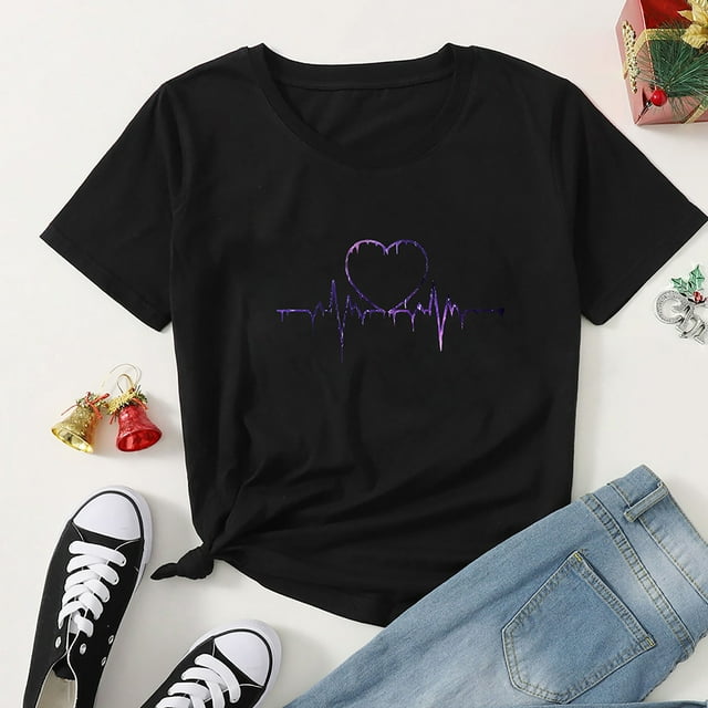 Mikilon T-Shirts à Col Rond pour Femmes, Imprimé Cœur, Manches Courtes, Blouse