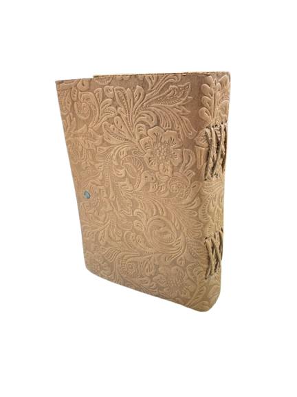 Handmade Embossed Leather Journal – 5x7 inch Vintage Brown Notebook, 200 Handmade Paper Pages, Floral Pattern Cover, Button Closure, Artisan Diary