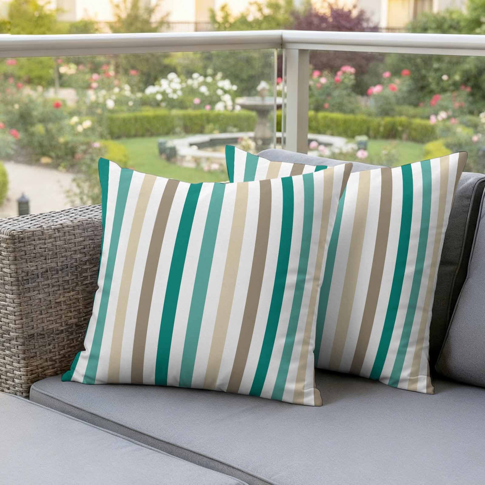 Teal Brown Stripe Outdoor Waterproof Pillow Covers, Gradient Geometric Vertical Striped Decorative Square Throw Pillowcase Sofa Cushion Sham for Patio/Couch/Chair, 18"x18" 2 Pack