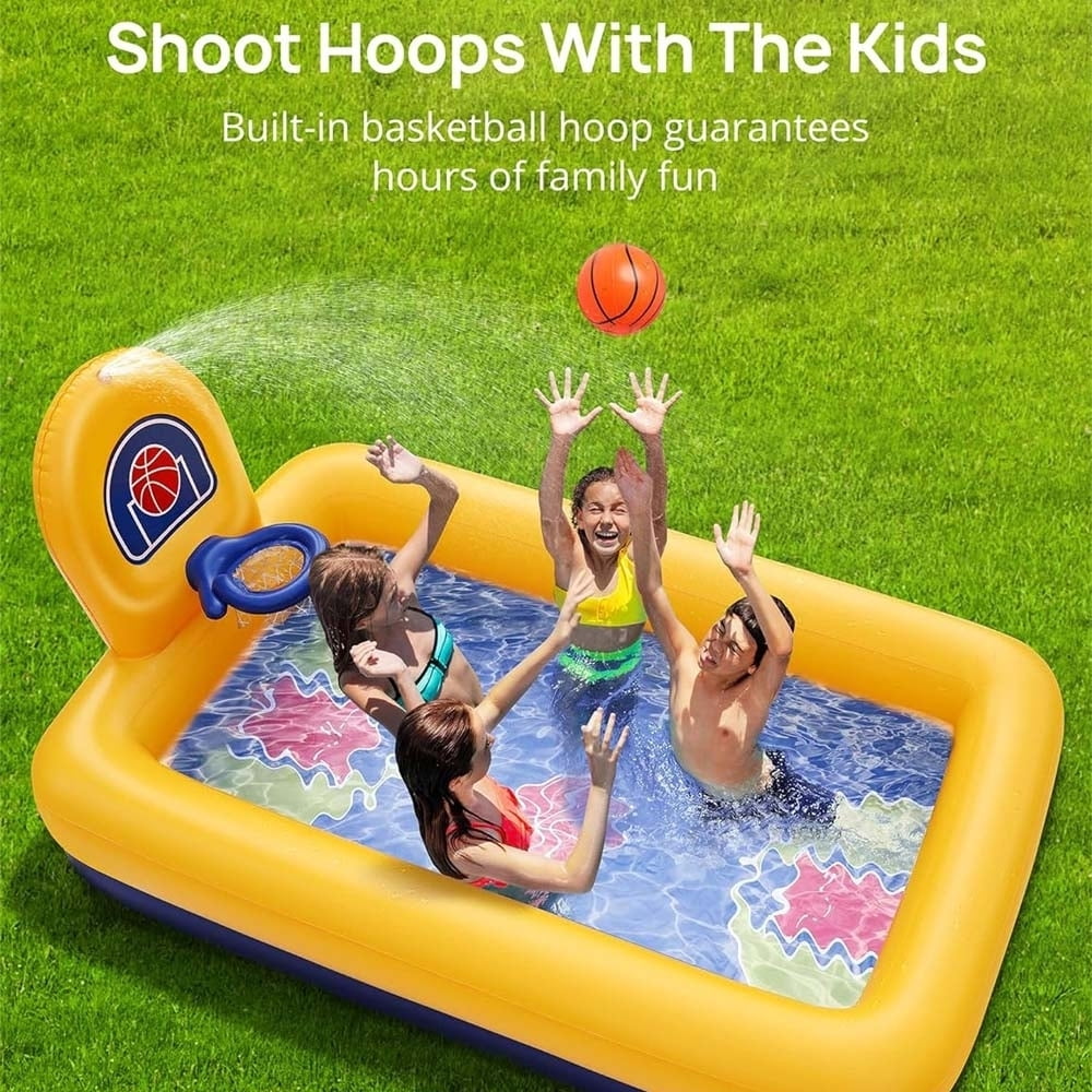 Evajoy Inflatable Kiddie Pool 90x55x35 Inch Basketball Hoop Durable PVC Backyard