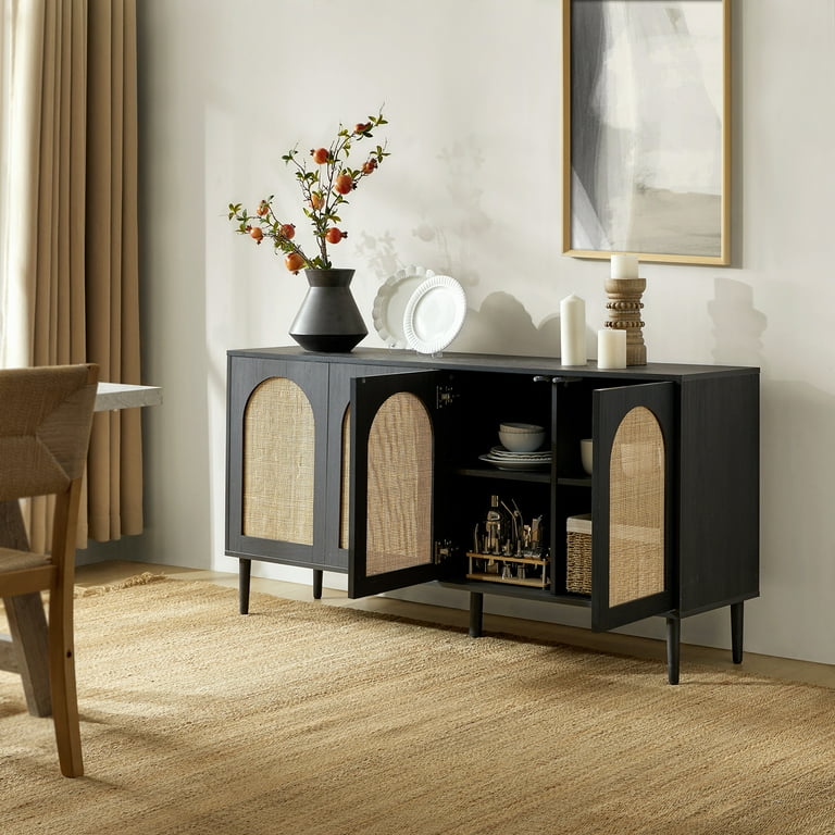 14 Karat Home 63 Wooden Sideboard 4 Doors Kitchen Storage Rattan Cabi