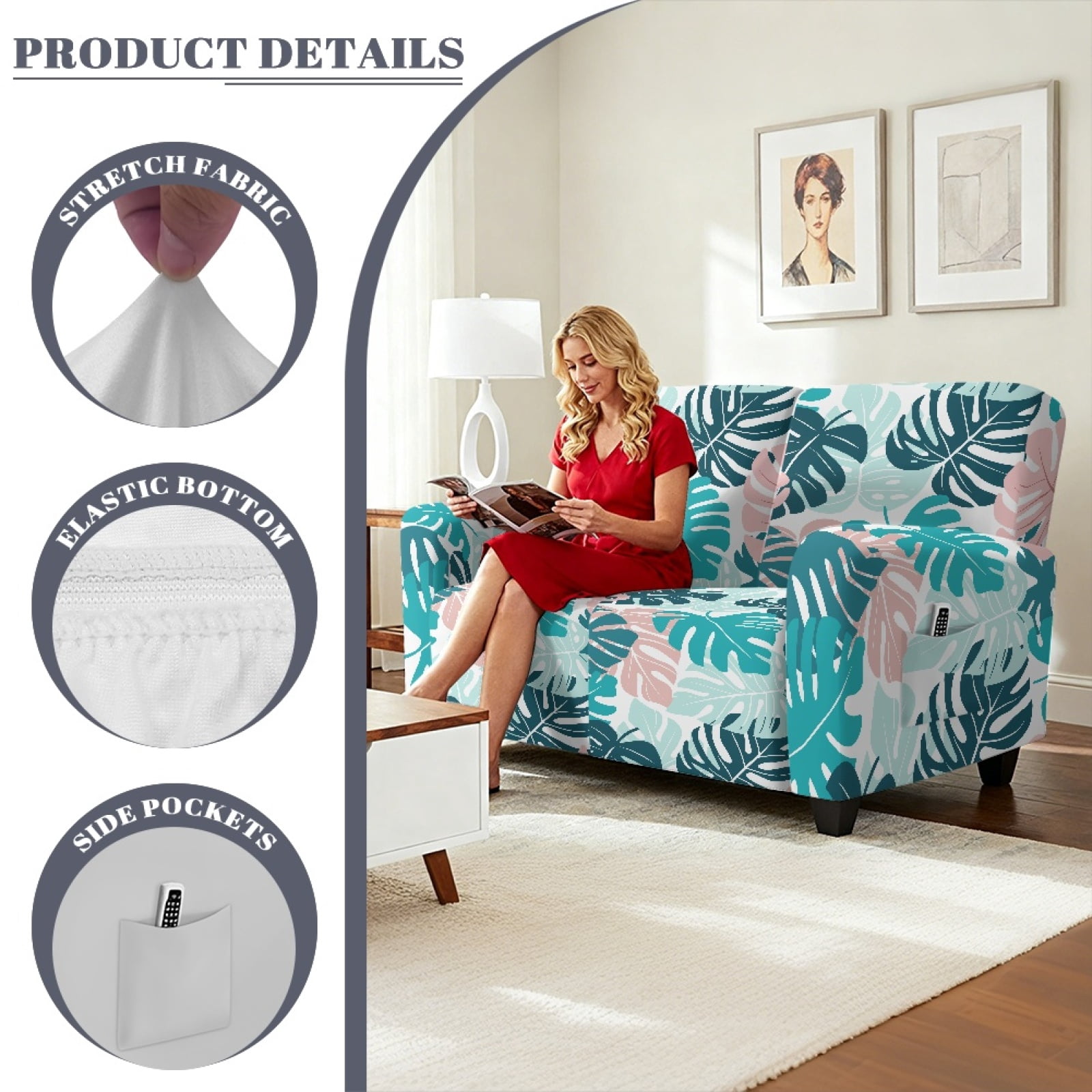 Xoenoiee Tropical Palm Leaves Print Stretch Recliner Loveseat Cover, 6 Pieces Recliner Slipcovers Soft Couch Cover for 2 Seater Non-Slip Furniture Protector with Pocket