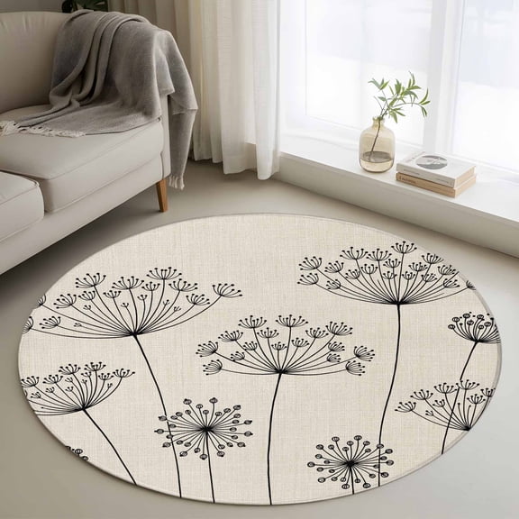 Round Rugs 4 Ft, Farmhouse Dandelion Non Slip Area Rugs for Kitchen Bedroom Entryway, Spring Modern Minimalist Country Flower Washable Carpet Runner Rug Floor Mats for Bedroom Home Decor