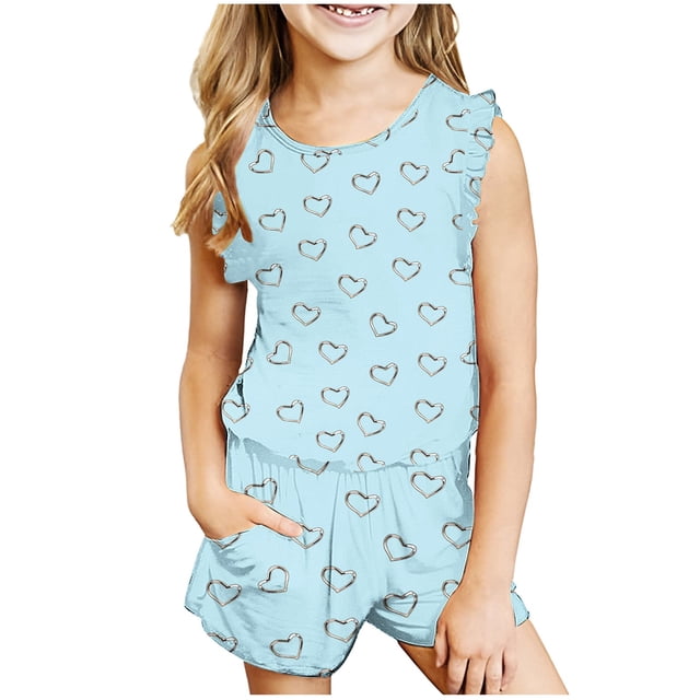 LSLJS Mode Girls' Casual Sans Manches Tops Col Rond Imprimé Pantalon Court Sets Bébé Filles Outfit Sets