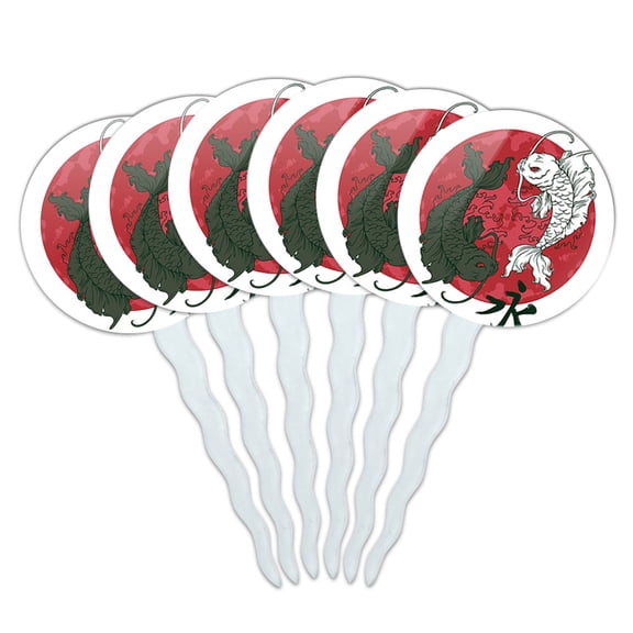 Yin and Yang Red Moon Japanese Asian Koi Carp Fish Cupcake Picks Toppers - Set of 6