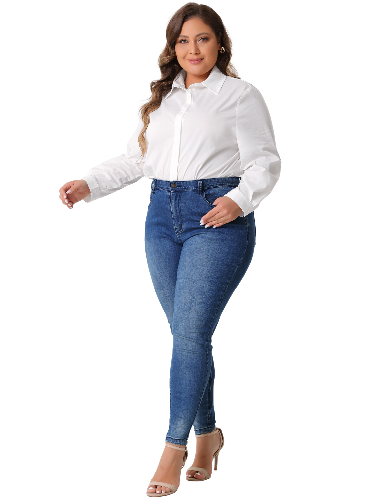 DARING DIVA Women's Plus Button Down Long Sleeve Blouse 1X White