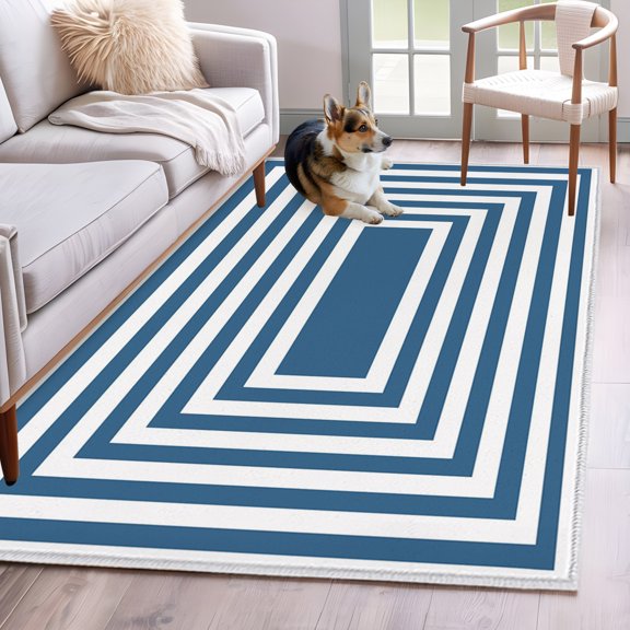 Sea Blue White Geometric Area Rug 3x5 FT, Non Slip Entryway Bedside Carpet, Square Minimalist Modern Washable Soft Floor Carpet Indoor Mat Non-Shedding Throw Rug for Dorm Kitchen Home Office