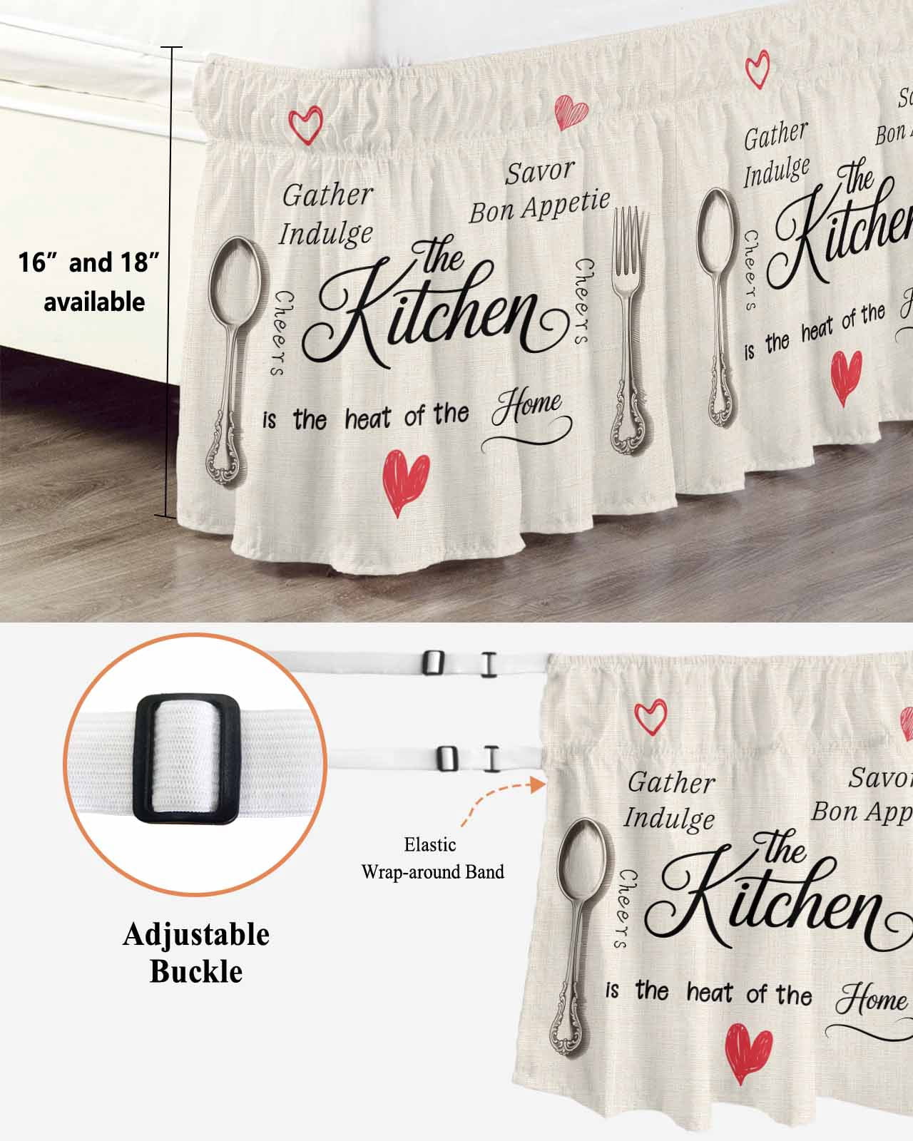 Beige Retro Art Wrap Around Bed Skirts for Queen Bed 18" Drop,Bed Skirt with Adjustable Elastic Belt Dust Ruffle Bed Valance for Bedroom Hotel Spoon Fork Vintage Farmhouse Rustic Bed Frame Cover