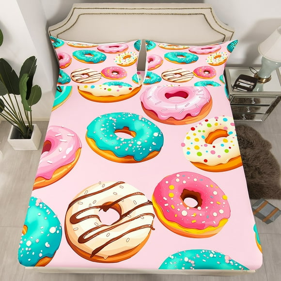 Erosebridal Kawaii Doughnut Fitted Sheet Set Twin,Dessert Theme Bedding Twin Size,Cake Room Decorarive,Breathable,2pcs(Fitted Sheet,Pillowcase)